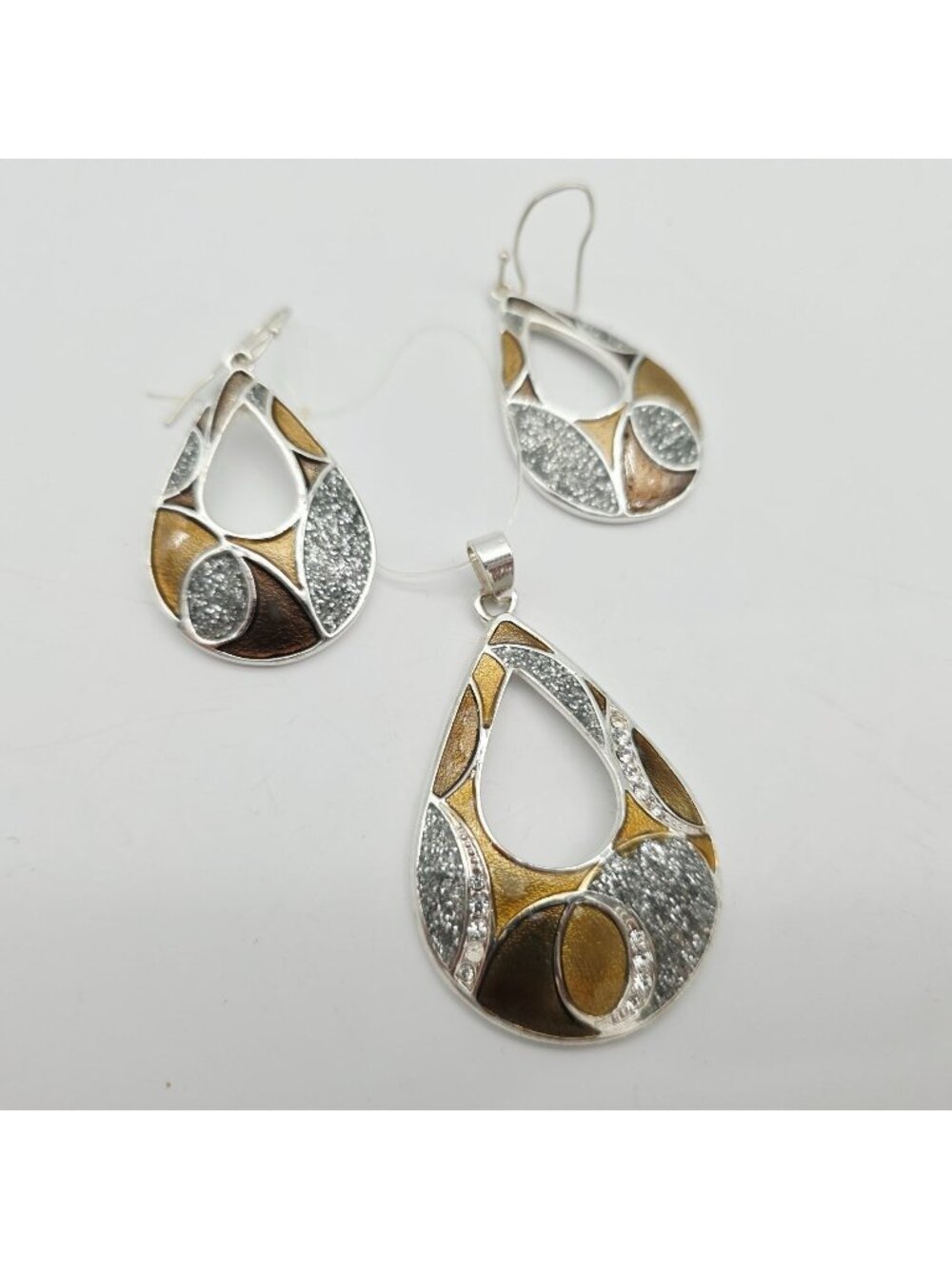 Kim Rogers Drop Earrings & Pendant Silver-Tone Enamel Gold Bronze Open Tear Drop